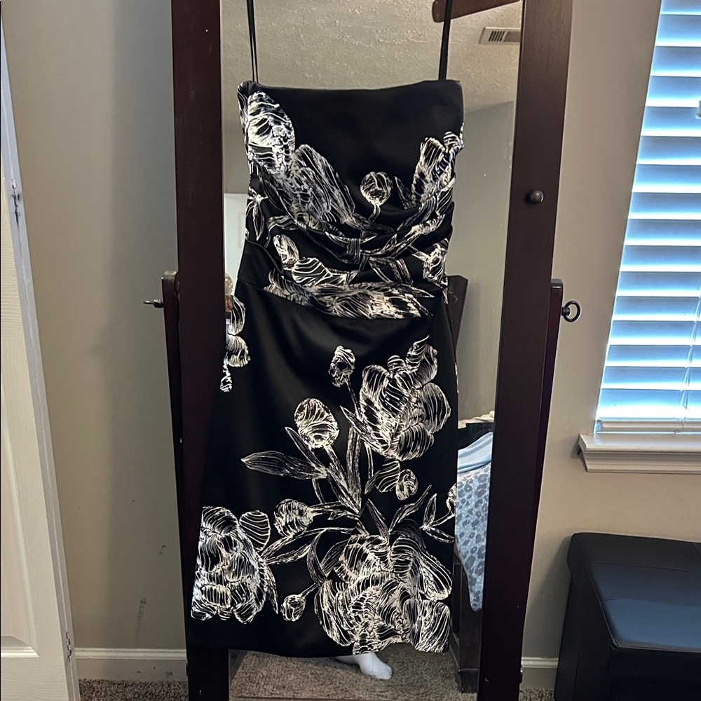 White House Black Market Black Strapless Dress with White Floral Design